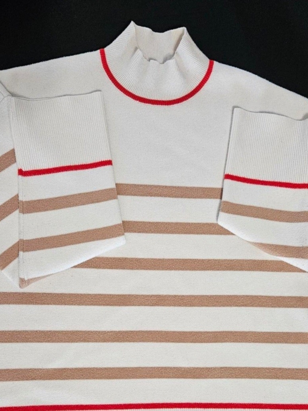 Tahari Cream Sweater with Tan Stripes and Red Accent